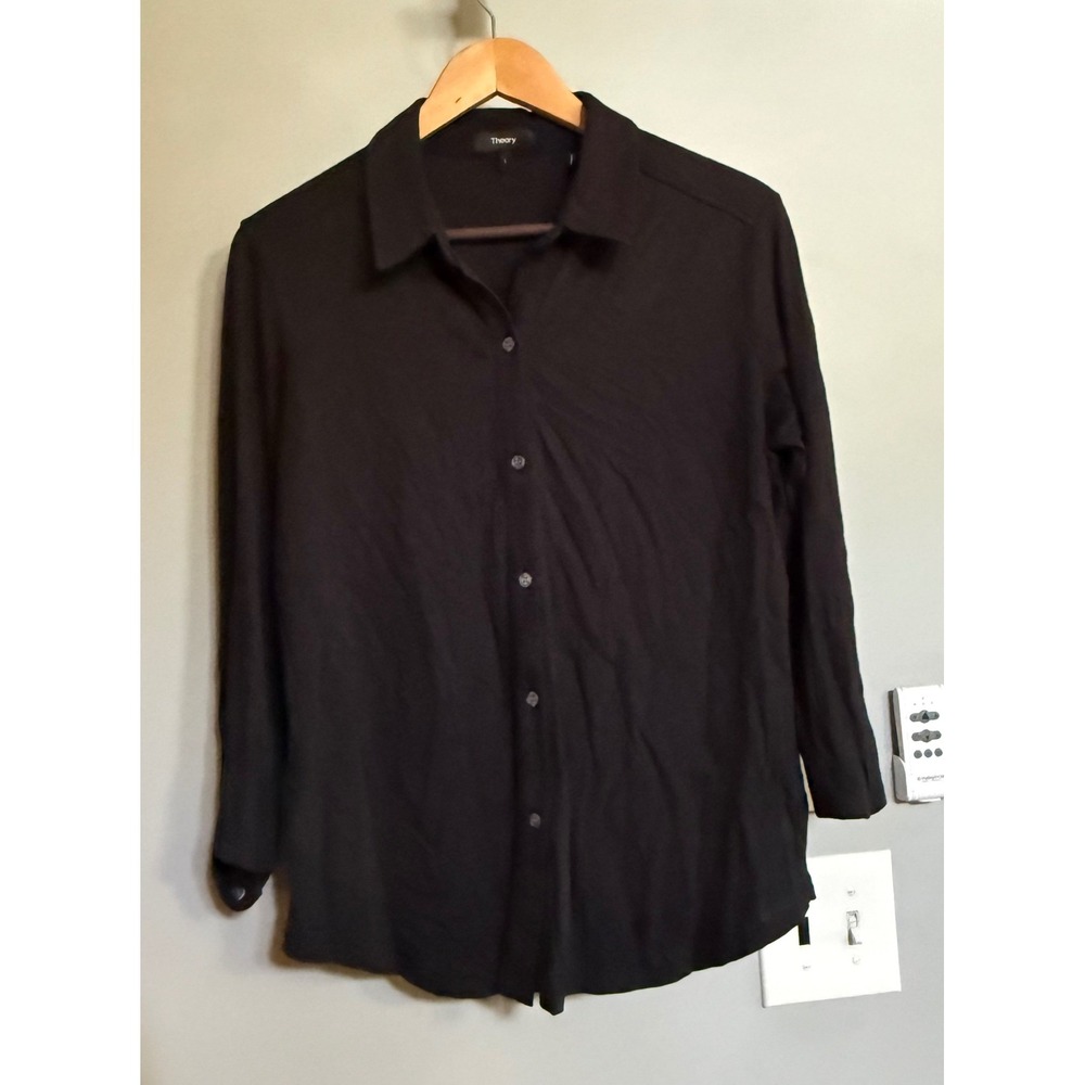 Theory Button Down Shirt Womens Large Black Jersey Knit Collared Top 4801